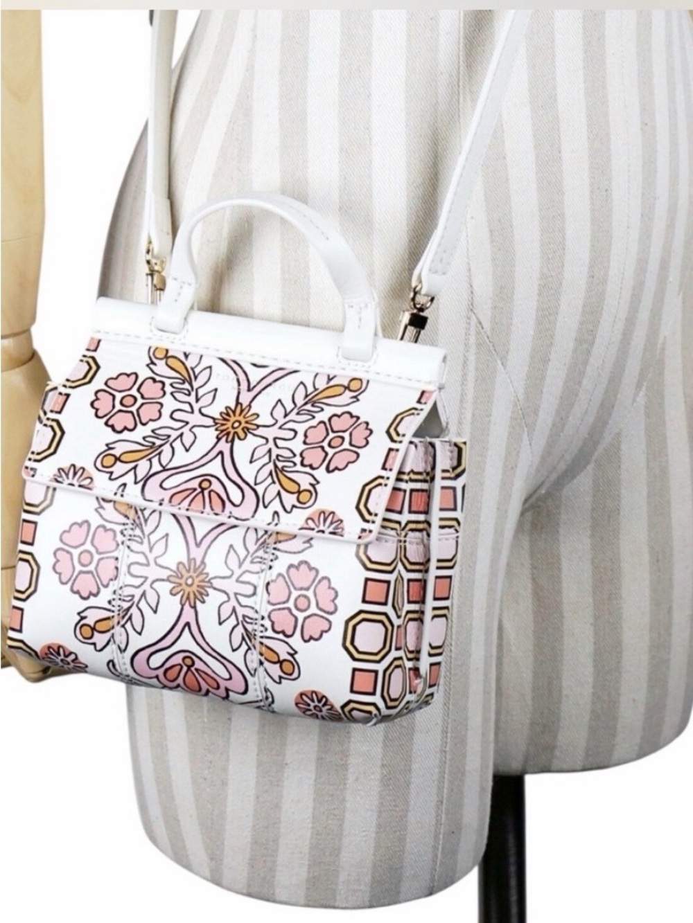 Tory Burch Cream Mini Top-Handle Bag with Pink & Gold Floral Print - Picture 4 of 11